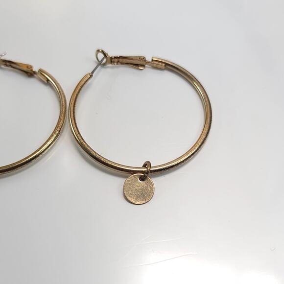 Gold Hoop Earrings with Disc Charm, Minimalist Modern Everyday Jewelry for Women - Picture 5 of 10